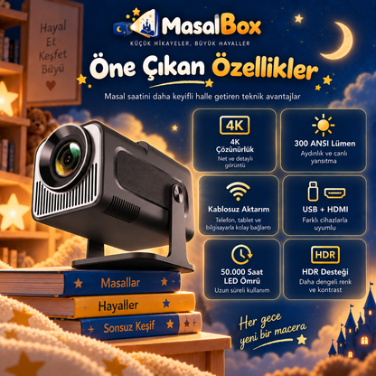 MasalBox 4K Çocuk Masal Projektörü – Duvara Yansıtmalı Hikâye Deneyimi